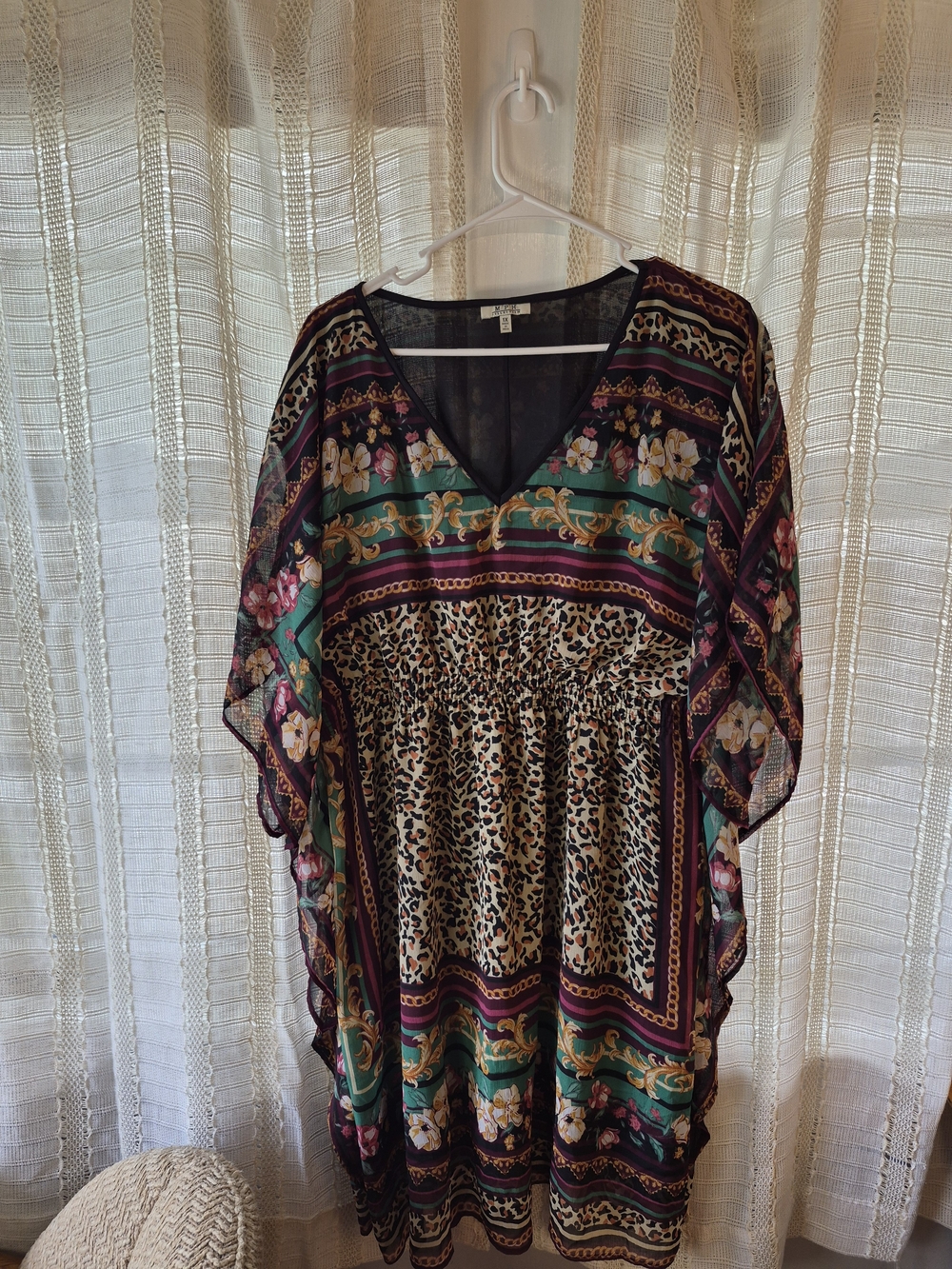 Boho Floral & Leopard Print V-Neck Tunic Dress - Green/Multi Size 1X